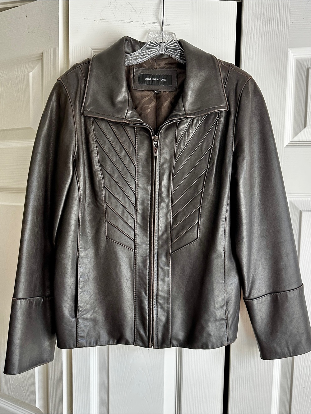 Jones New York Dark Brown Leather Zip-Front Jacket with Chevron Panels